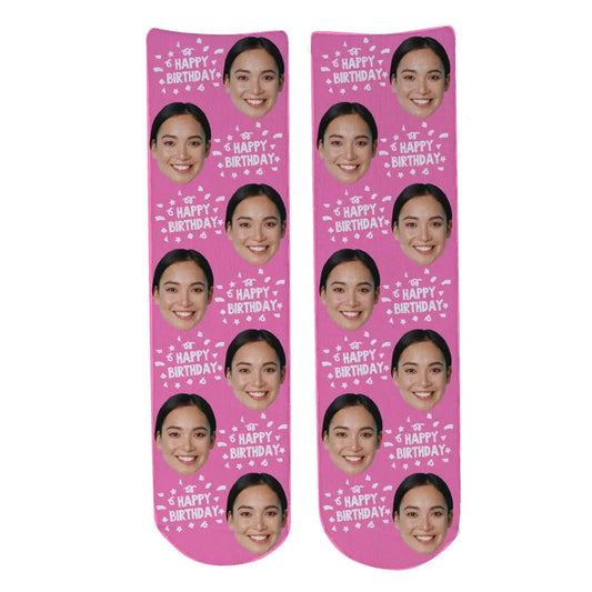 Personalised Face Socks - Happy Birthday Light Pink