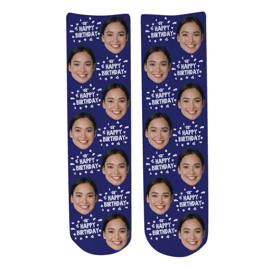 Personalised Face Socks - Happy Birthday Dark Blue