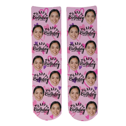 Personalised Face Socks - Happy Birthday (Pink_LoveHeartBKG)