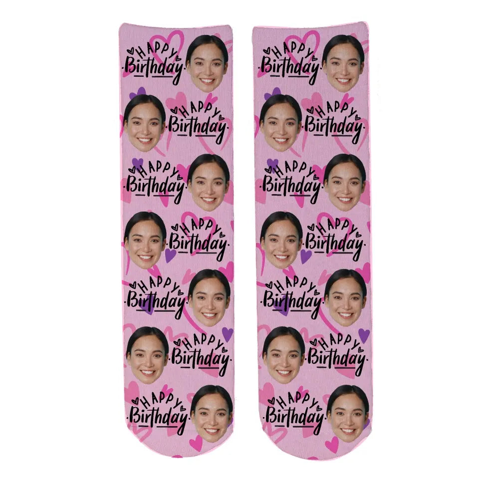 Personalised Face Socks - Happy Birthday (Pink_LoveHeartBKG)