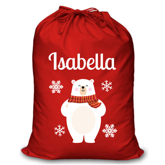 Personalised Red Christmas Santa Sack - Polar Bear