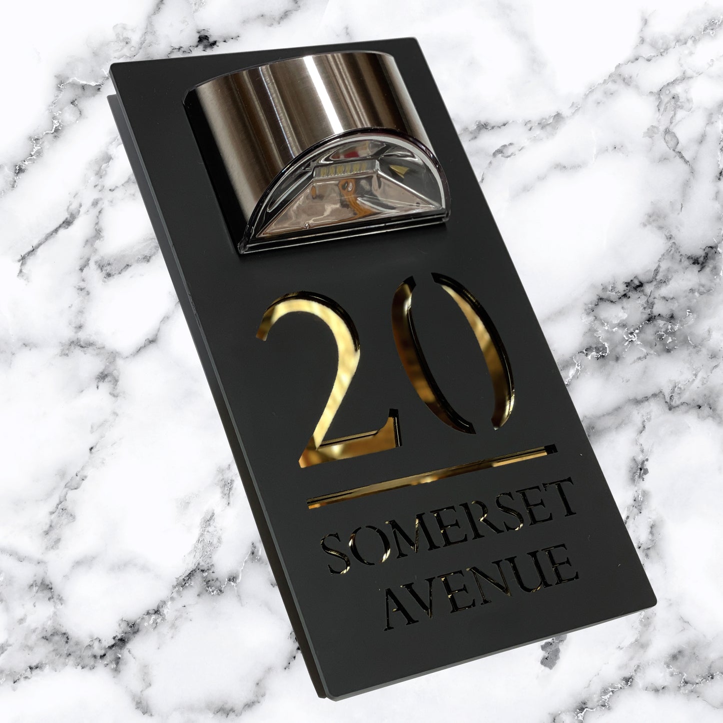 Personalised Acrylic Door Sign with Solar Light - Black Acrylic Gold Chrome (LVL_Modern)