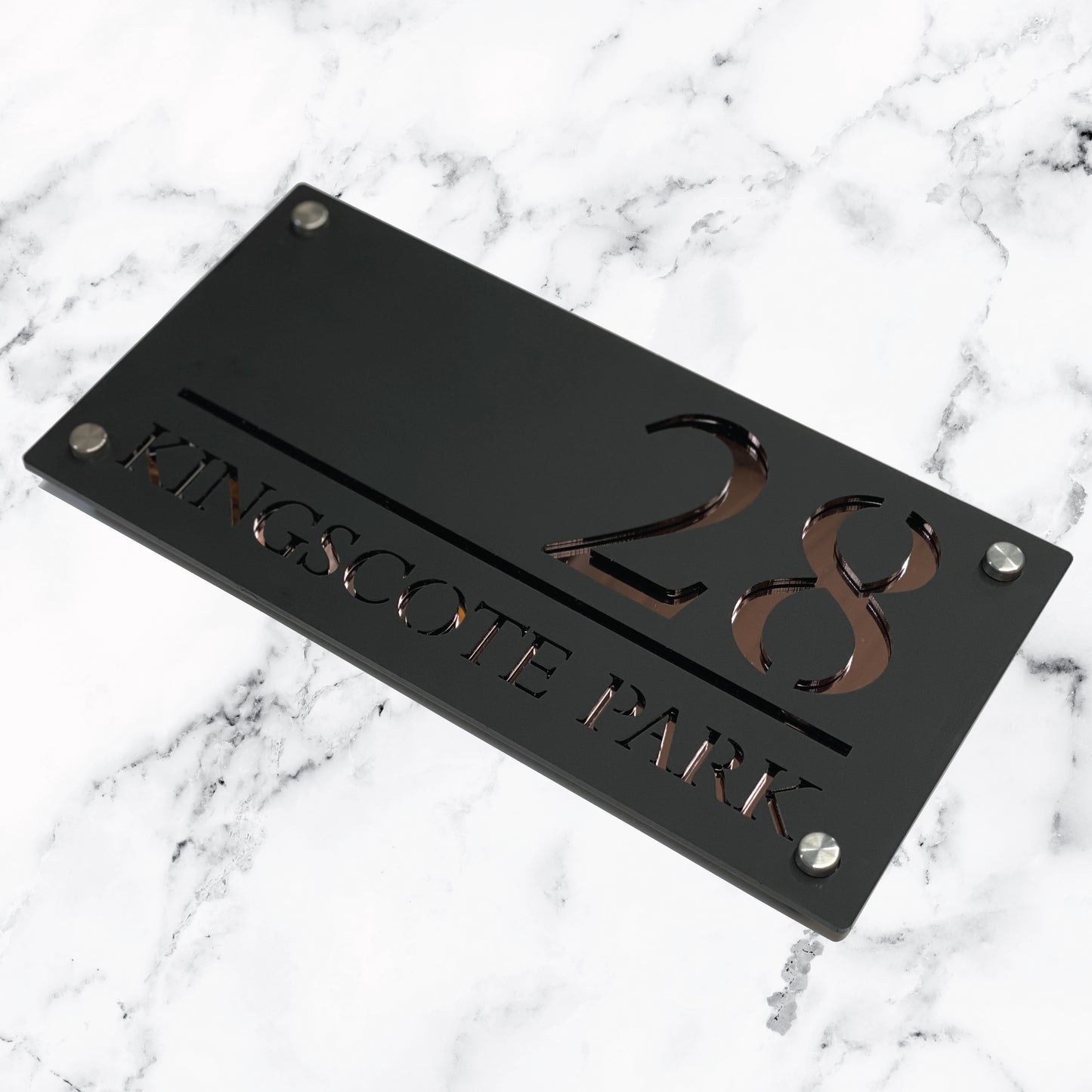Deluxe Laser Cut Door Sign Plaque - Matt Black and Rose Gold Mirror