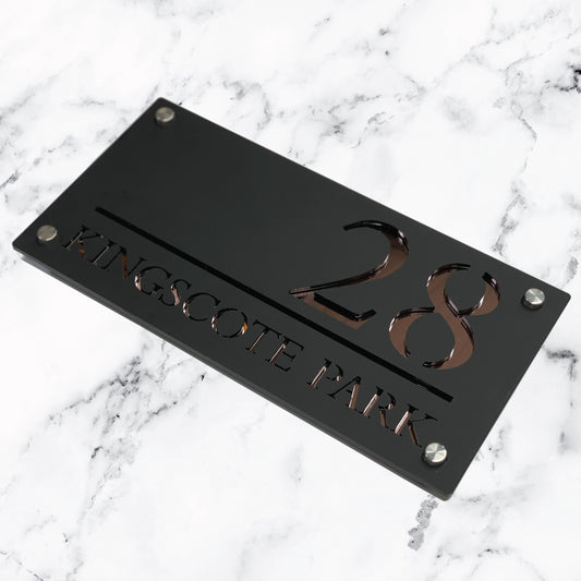Deluxe Laser Cut Door Sign Plaque - Matt Black and Rose Gold Mirror