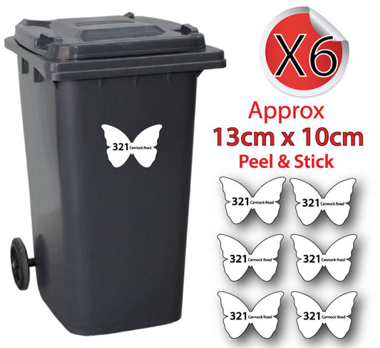 x6 Personalised House Number & Street Name Wheelie Bin Stickers (Butterfly)