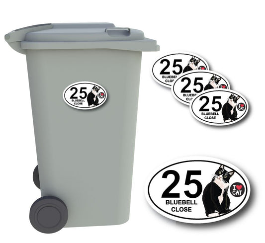 x4 Personalised Number & Street Name Wheelie Bin Stickers (Cat)