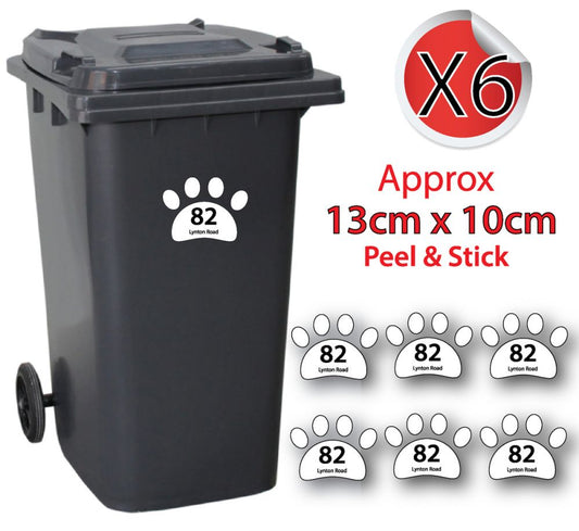 x6 Personalised House Number & Street Name Wheelie Bin Stickers (Cat Paws)