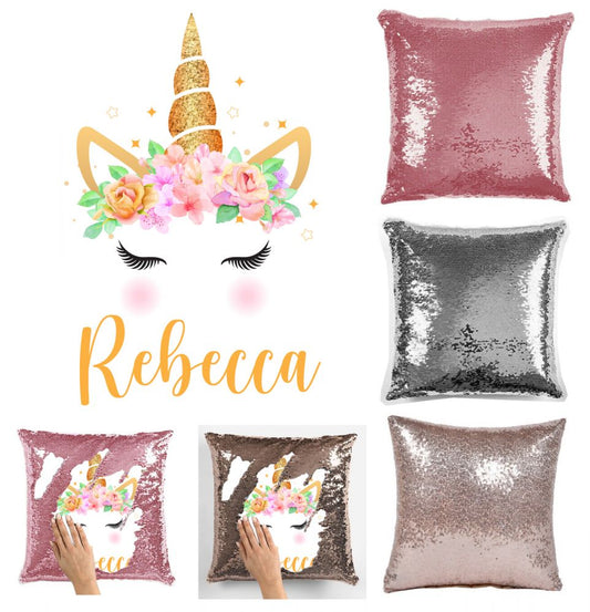 Personalise Name Magic Sequin Cushion Cover- Unicorn 097