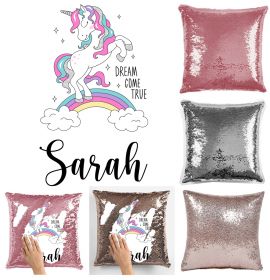 Personalise Name Magic Sequin Cushion Cover - Unicorn STR