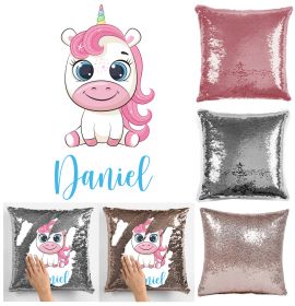 Personalise Name Magic Sequin Cushion Cover - Unicorn Cute with Rainbow