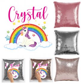 PERSONALISE NAME MAGIC SEQUIN CUSHION COVER - UNICORN RAINBOW C