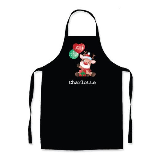Personalised Black Christmas Name Apron - Cute Reindeer