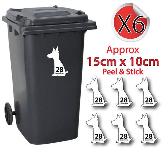 x6 Personalised House Number & Street Name Wheelie Bin Stickers (Dog Sitting)