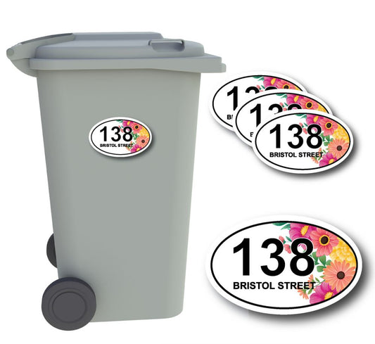 x4 Personalised Number & Street Name Wheelie Bin Stickers (Flower_OF002B)