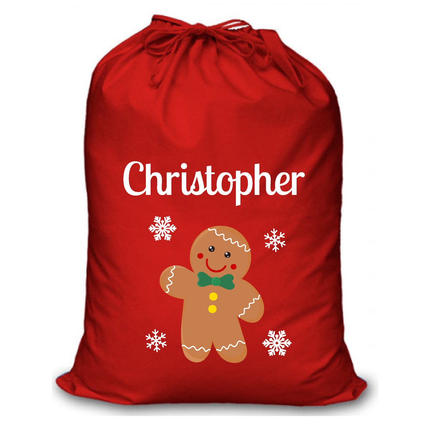 Personalised Red Christmas Santa Sack - Gingerbread Man