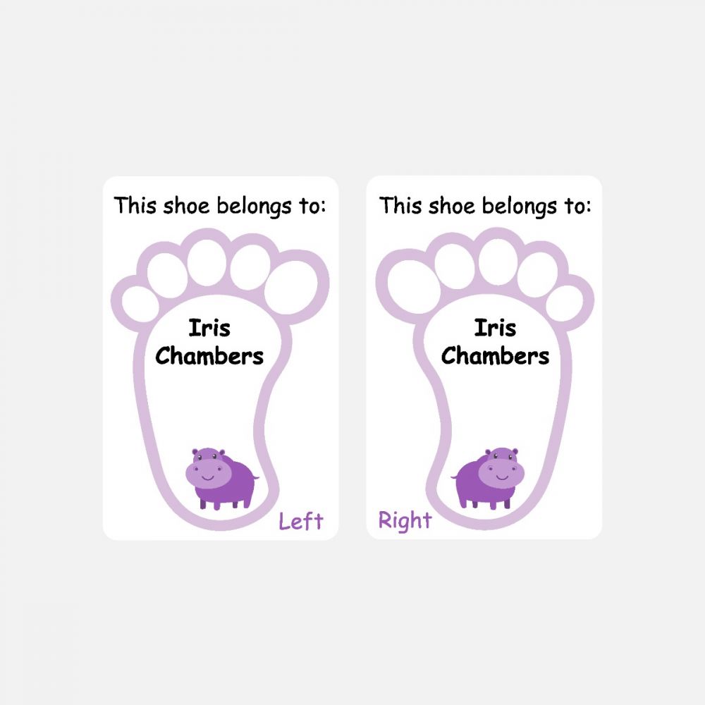 5 Pairs of Personalised Iron-on Name Shoe Labels - Hippo