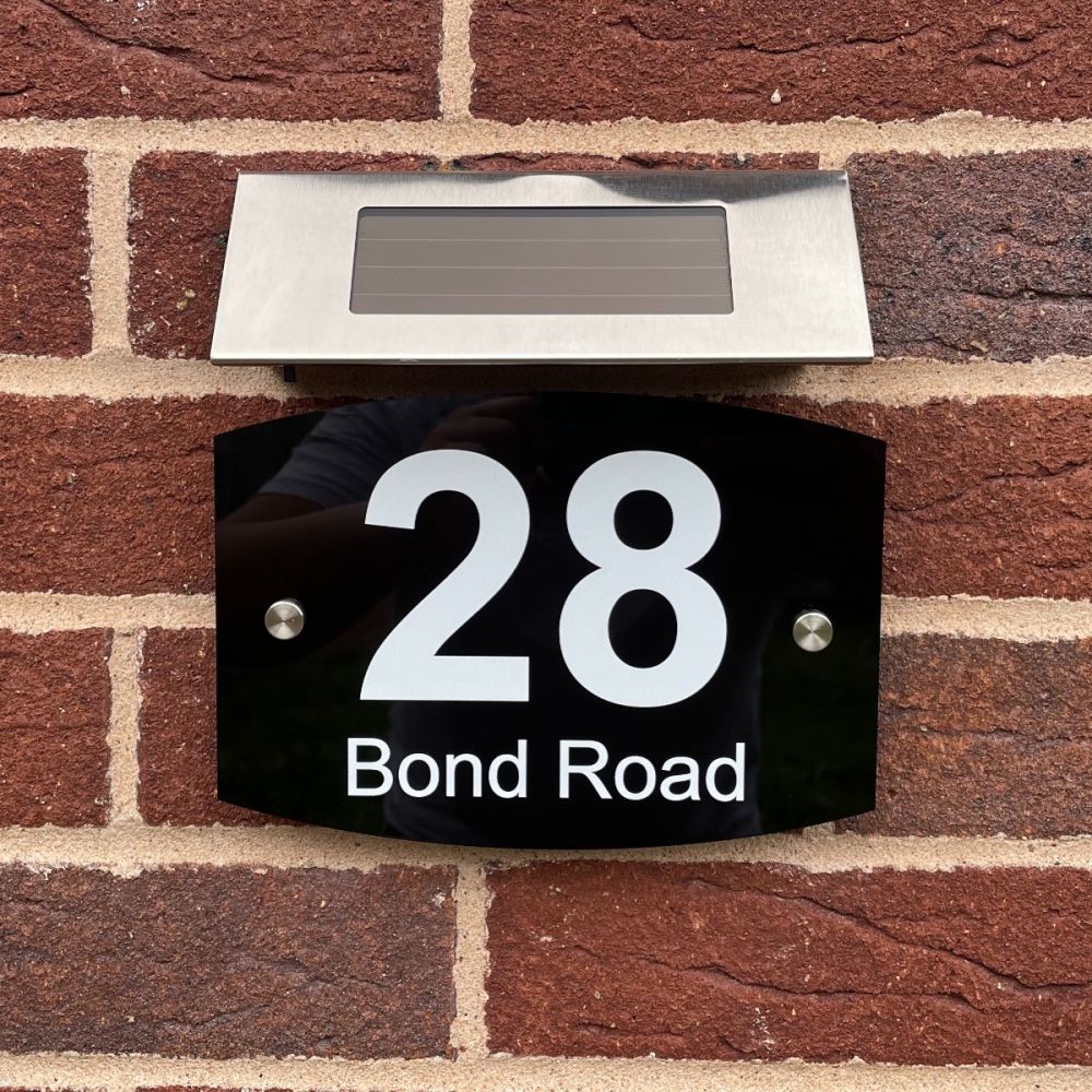 Personalised Black Acrylic Door Sign with Solar Light - Round Curve Shape (AR_FT)