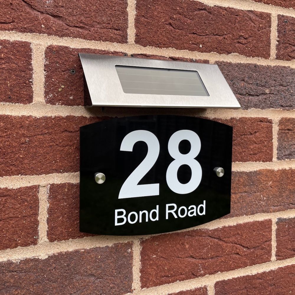 Personalised Black Acrylic Door Sign with Solar Light - Round Curve Shape (AR_FT)