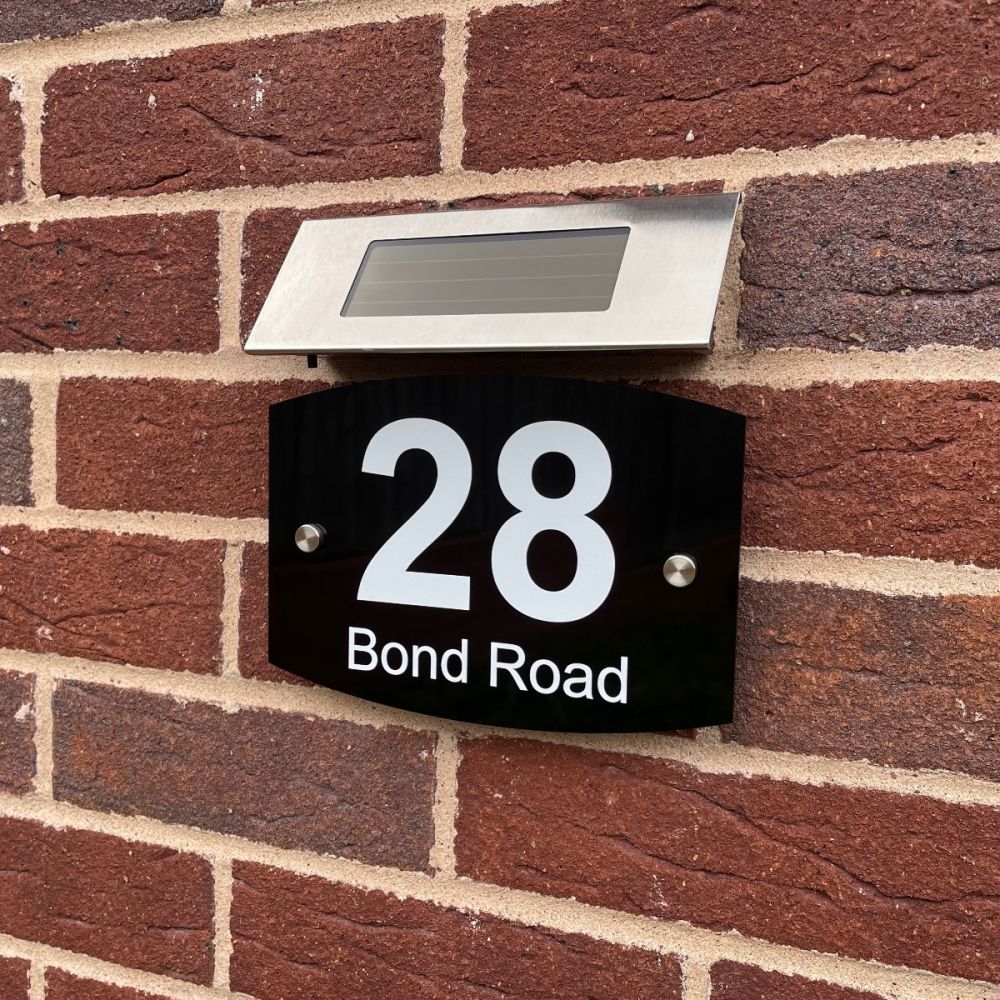 Personalised Black Acrylic Door Sign with Solar Light - Round Curve Shape (AR_FT)