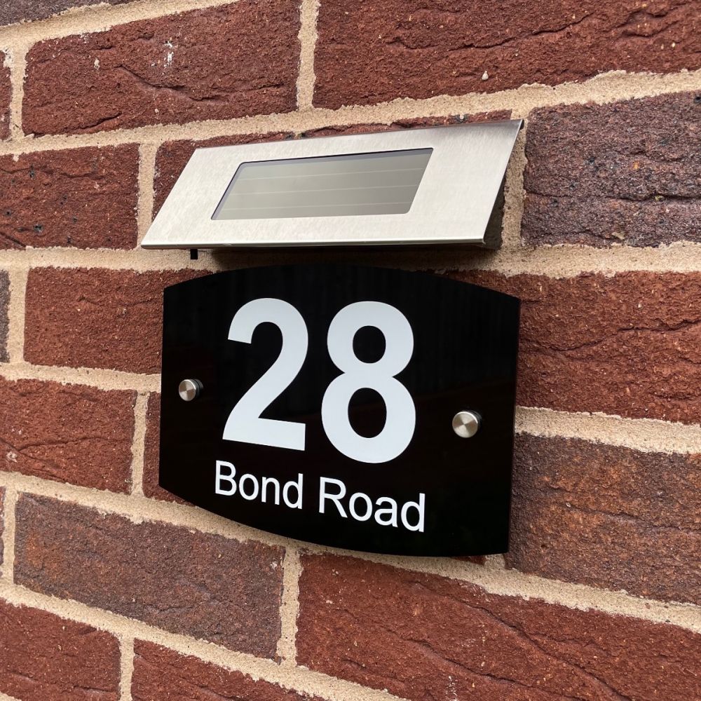 Personalised Black Acrylic Door Sign with Solar Light - Round Curve Shape (AR_FT)