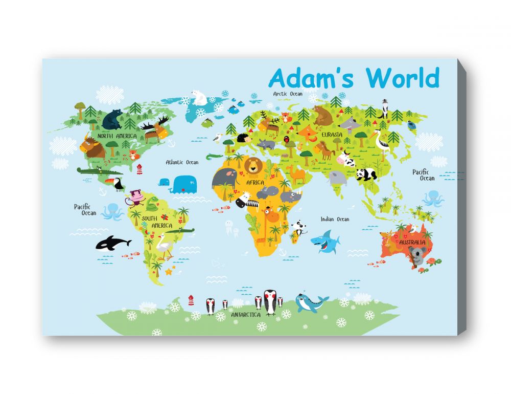 Kids Personalised Name World Map Canvas - A3