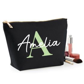 Personalised Name Black Make Up Bag - Green (ITL#)