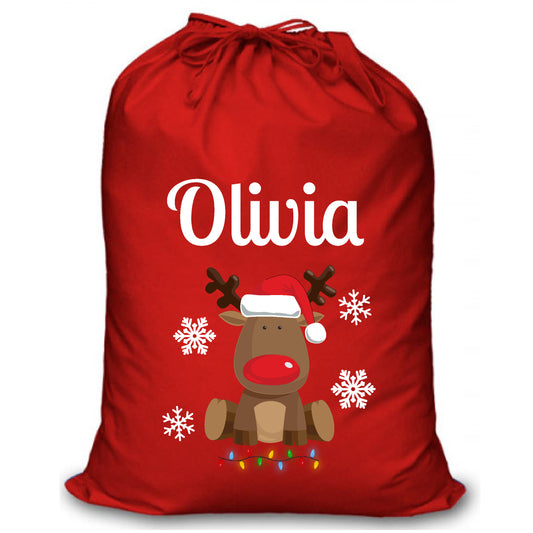 Personalised Red Christmas Santa Sack - Reindeer (SF_BG01)