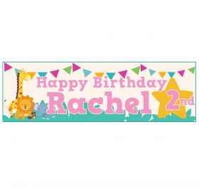 Giant Personalised Birthday Banner - Safari Animals Pink